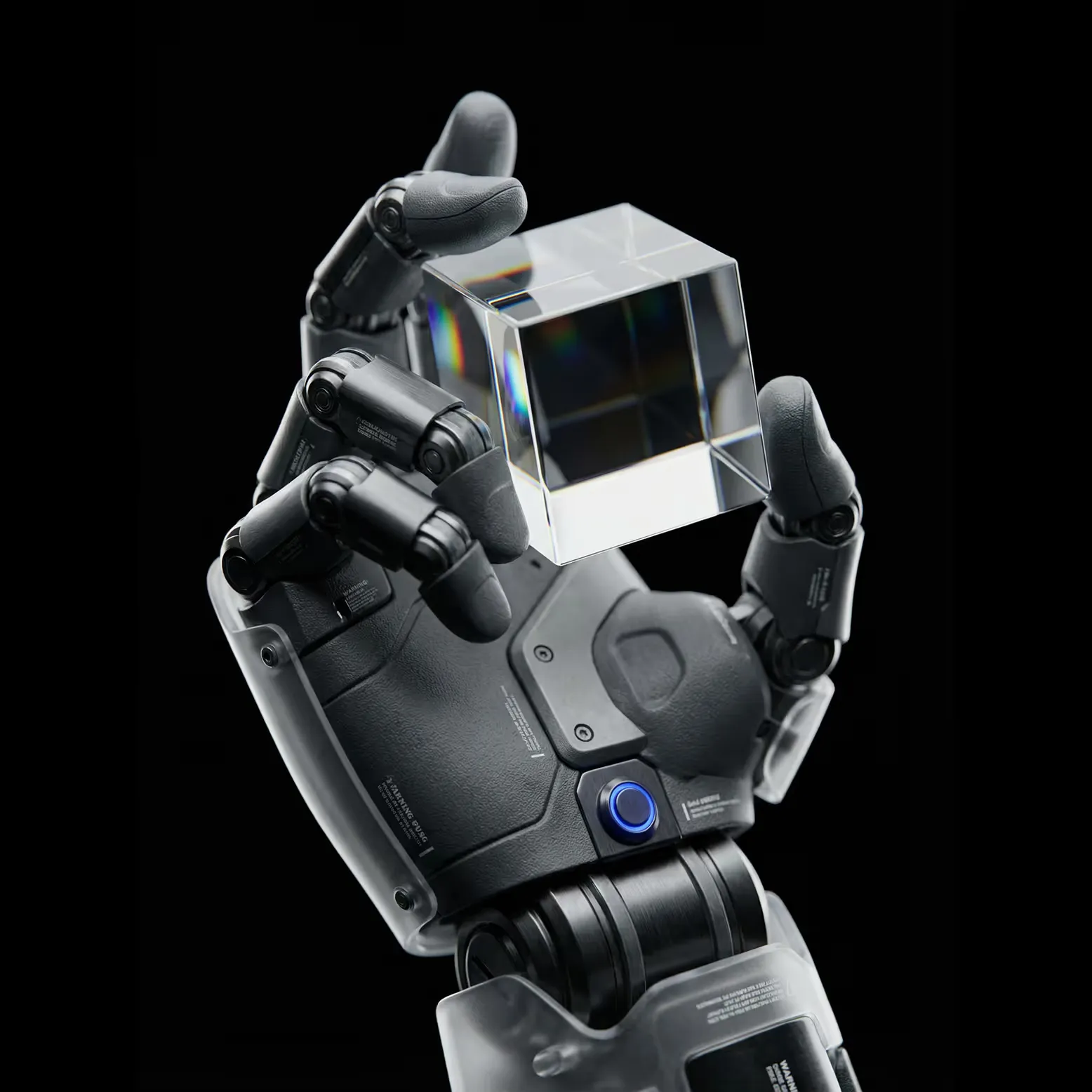 Robotic hand holding a glass cube