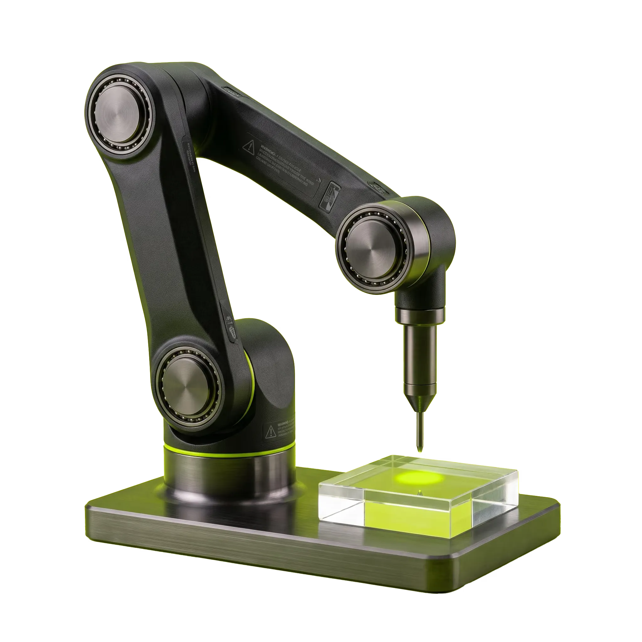 A robotic arm working on a small block